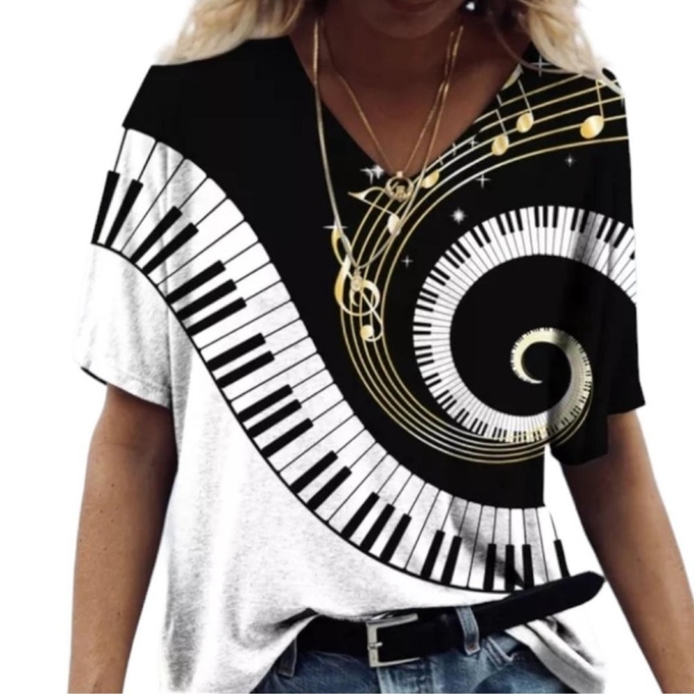 B121🖤🤍NEW! Rock-n-roll+Music lover’s stroking v-neck in combo of black+whites